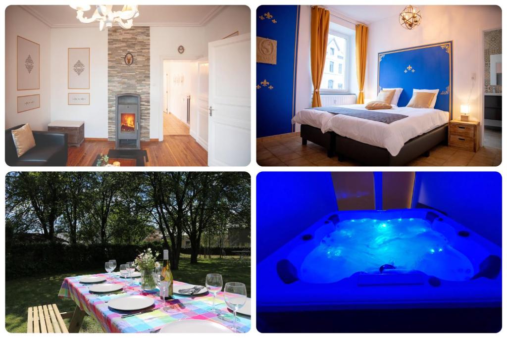 a collage of four pictures of a bedroom and a tub at Zythogite Appartement 8 personnes avec jardin, bbq in Tintigny