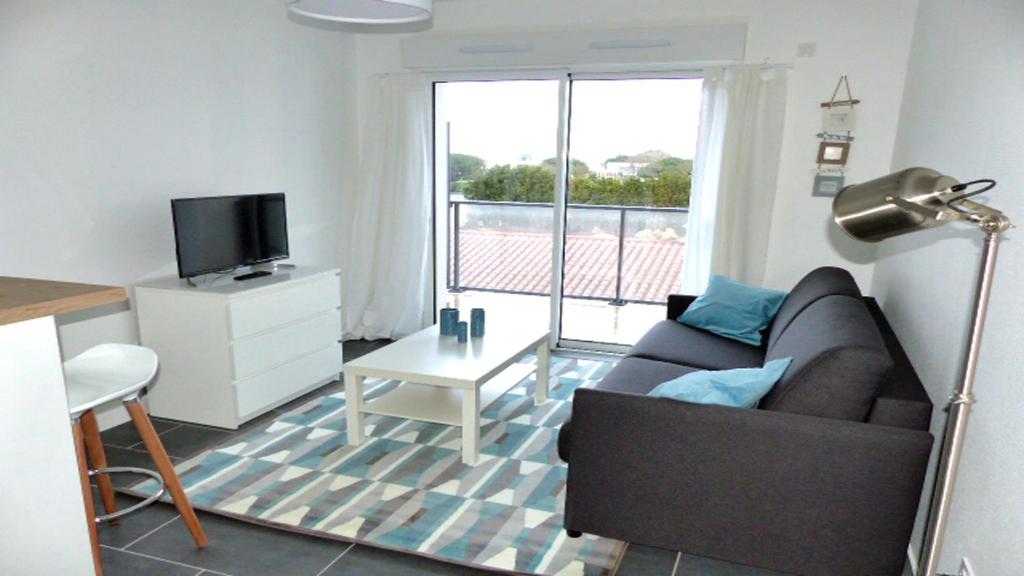 un salon avec un canapé et une télévision dans l'établissement STUDIO QUAIS 2 Les MINIMES, à La Rochelle