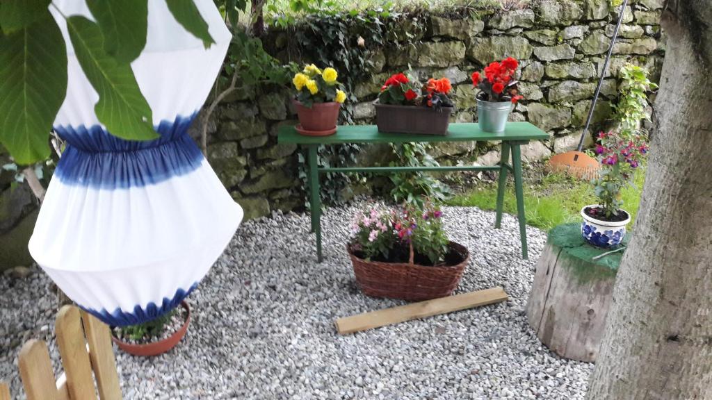 una mesa con flores y macetas. en Cozy Studio with access to garden/terrace; peaceful area 2.2 km from the town, en Závažná Poruba