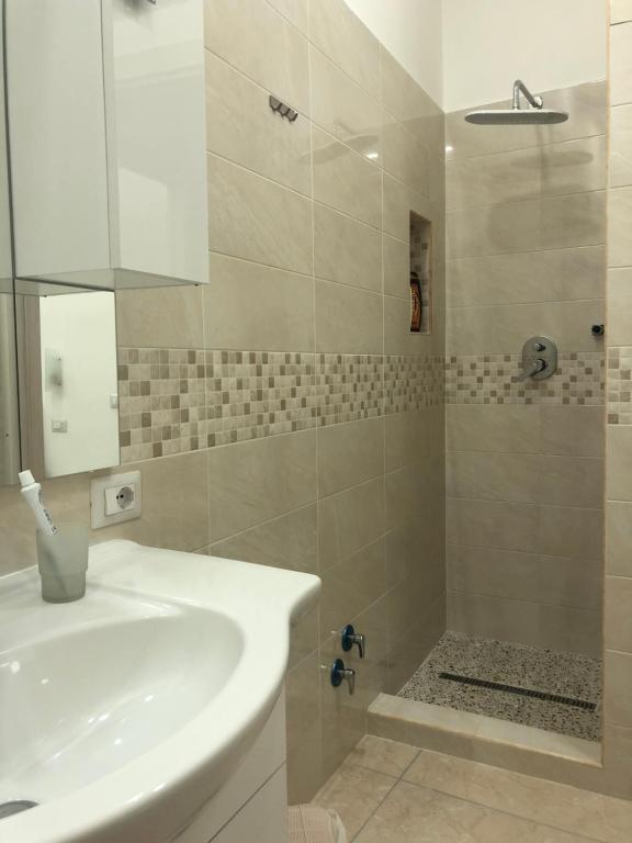 ein Bad mit einem Waschbecken und einer Dusche in der Unterkunft B&B Sophie in Neapel