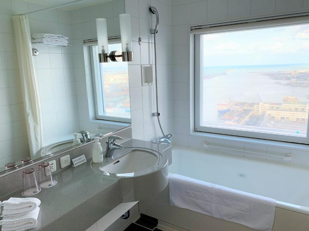a bathroom with a sink and a window at Hotel Nikko Niigata in Niigata