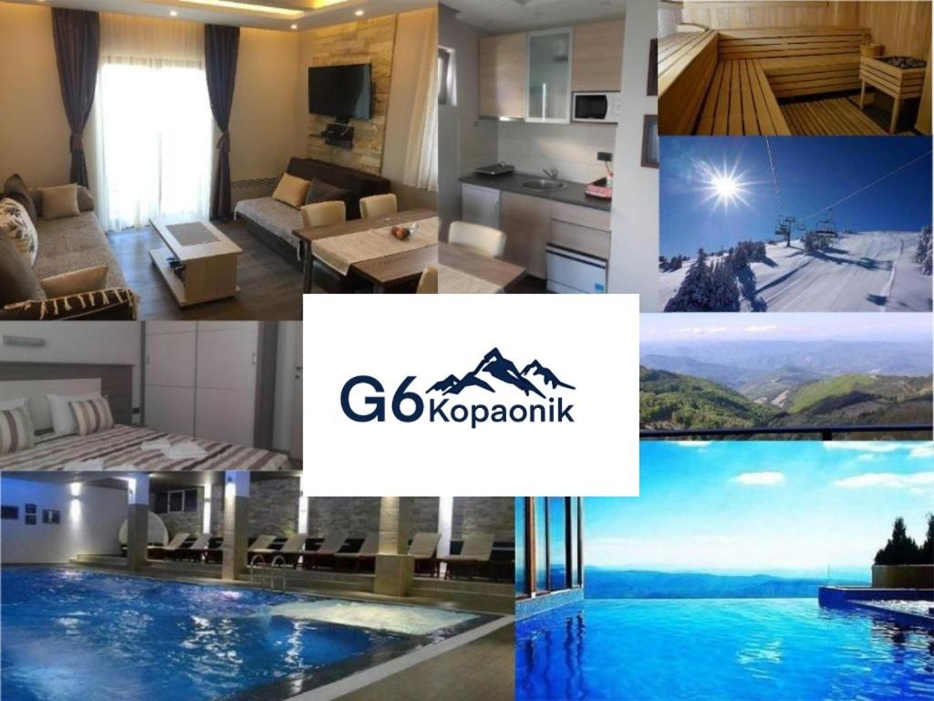 een collage van foto's van een huis met zwembad bij Apartment G6 in Kopaonik