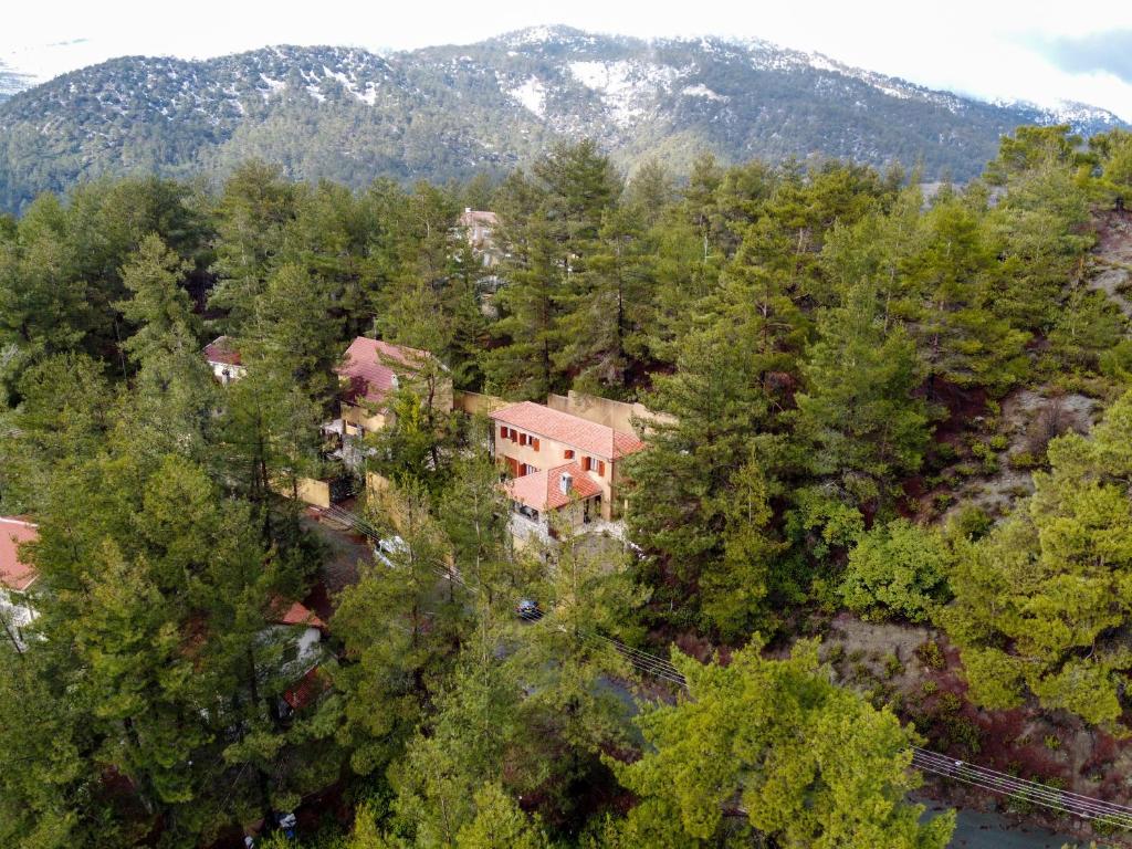 an aerial view of a house in the trees at Kardama HideAway in Kato Amiandos