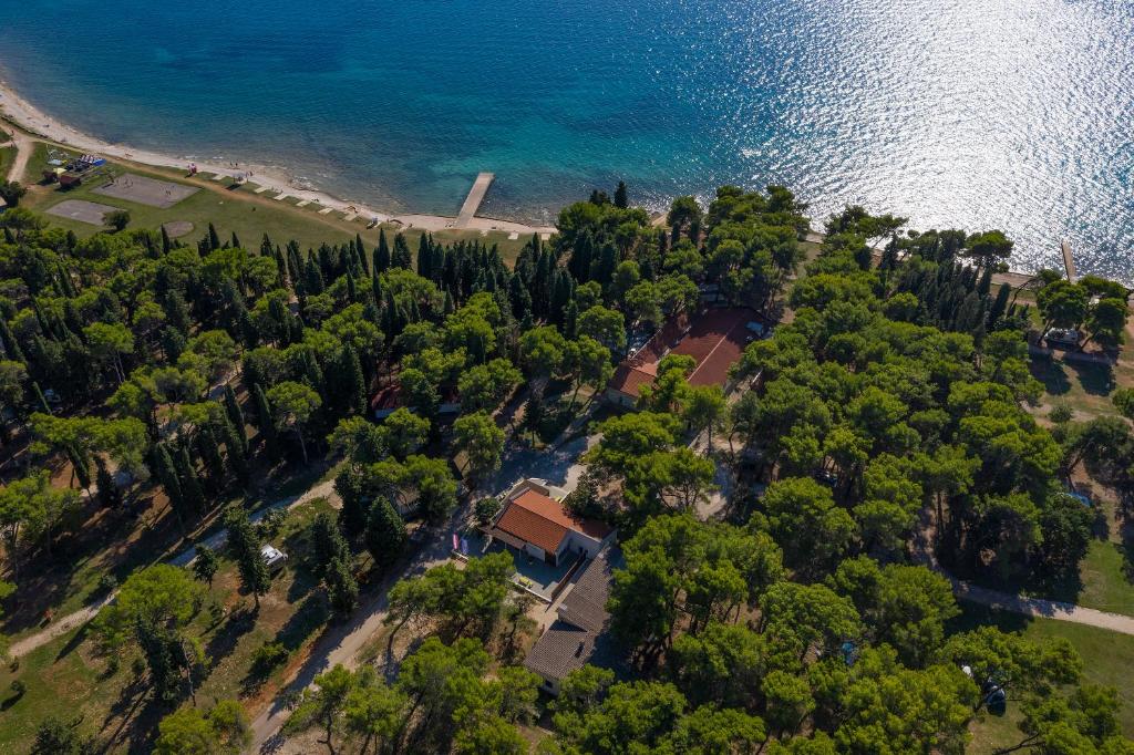 eine Aussicht über einen Strand mit Bäumen und Wasser in der Unterkunft Mobile Homes Camp Pineta - Adriatic Kampovi in Fažana