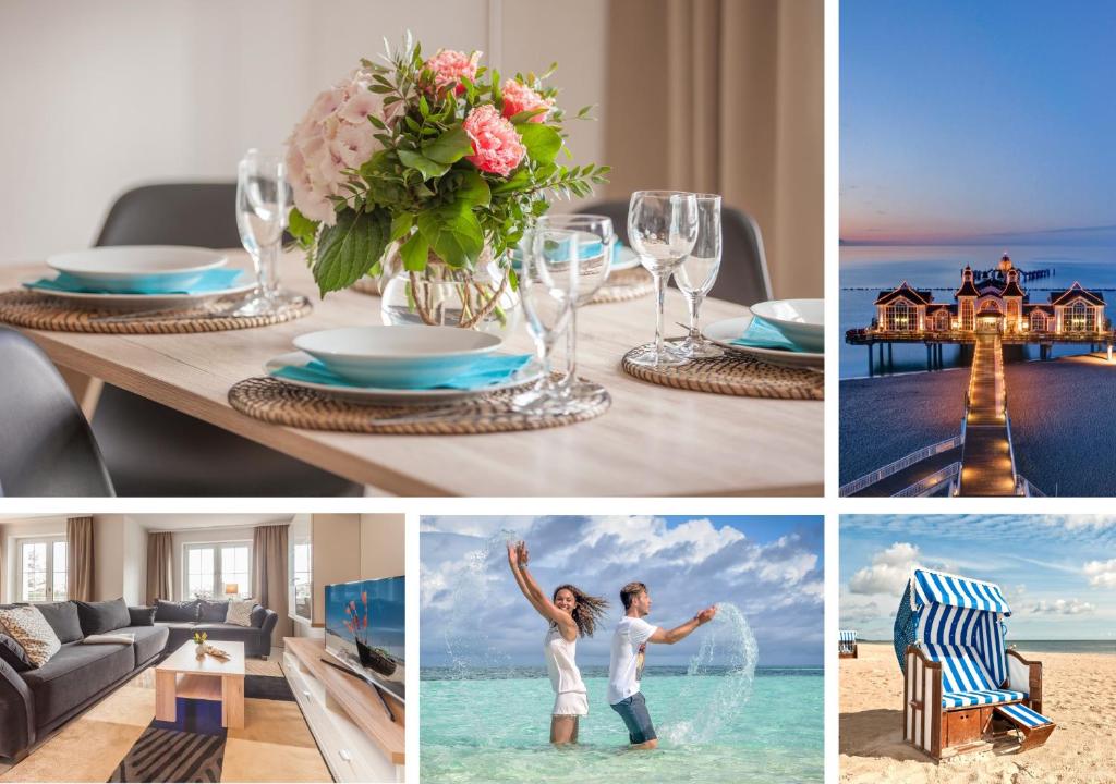 un collage de fotos de una mesa de comedor con el océano en Villa Manatee mit Sauna und Fitness en Ostseebad Sellin