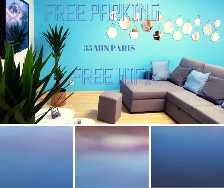 un salon avec un canapé et un mur bleu dans l'établissement Résidence Dalimier #hypercentre#, à Corbeil-Essonnes