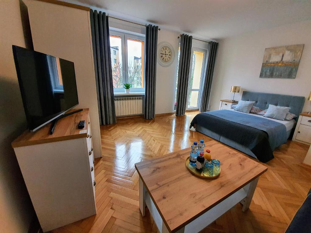 ein Wohnzimmer mit einem Bett, einem Tisch und einem TV in der Unterkunft Apartament Basia in Hajnówka