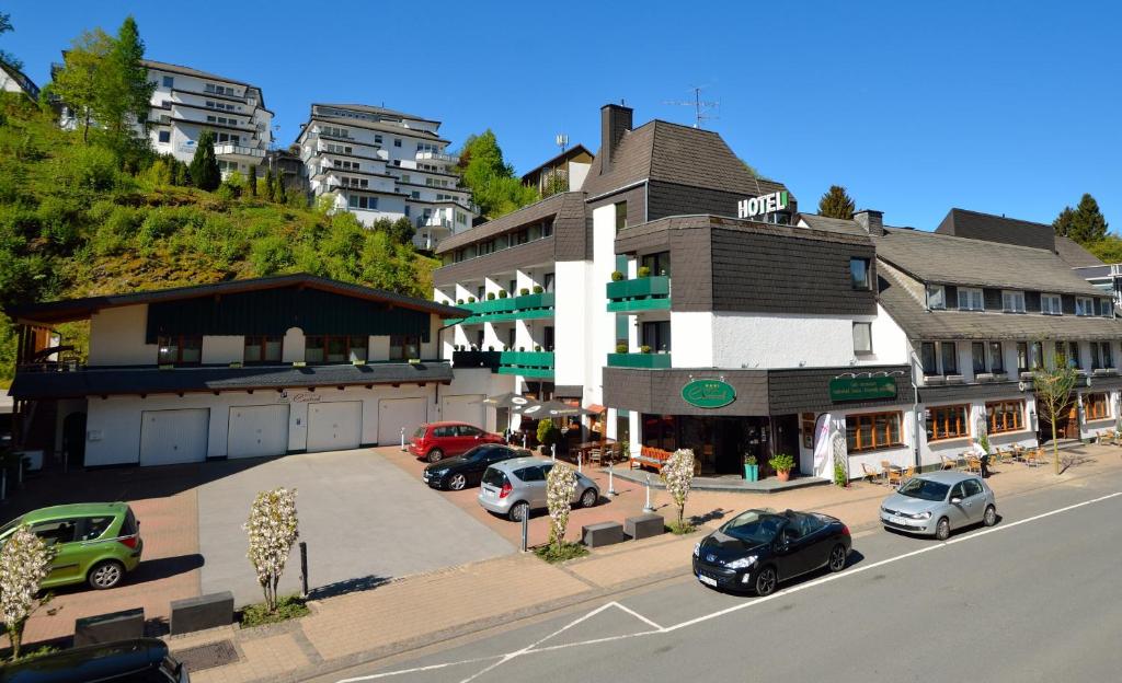 a street with cars parked in front of a building at Hotel Central in Willingen