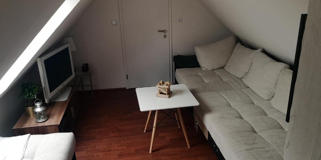 ein Wohnzimmer mit einem Sofa und einem TV in der Unterkunft Maisonettewohnung am Badesee bei Kassel in Weimar