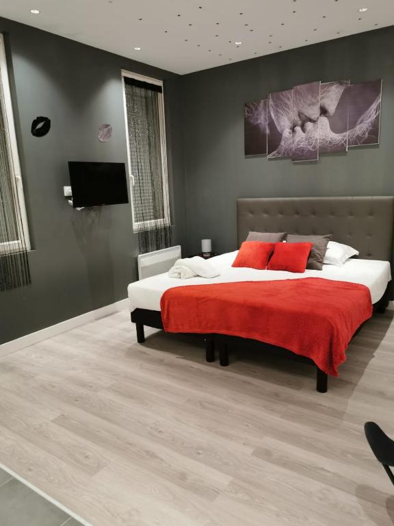 Cama ou camas em um quarto em Appartement GRIS - LOVE SUITE - BALNEO-JACCUZI