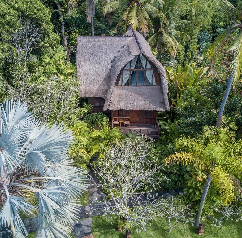 an aerial view of a small house in the jungle at The Bali Purnati Center For The Arts in Sukawati
