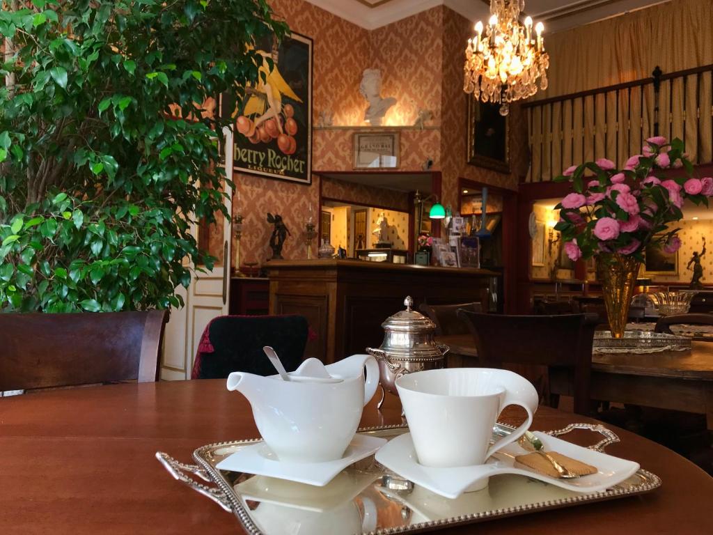 Příslušenství pro přípravu čaje a kávy v ubytování Hôtel de l'Abeille