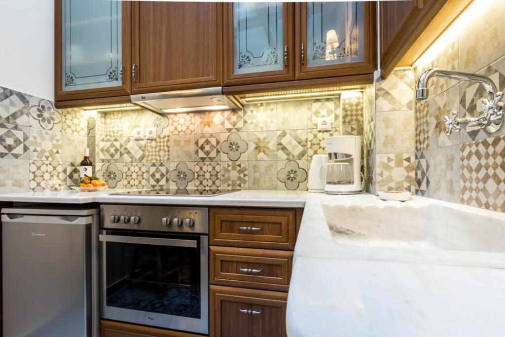 kuchnia ze zlewem i kuchenką górny piekarnik w obiekcie Neoclassical apartment with 2 bedrooms in Piraeus w Pireusie
