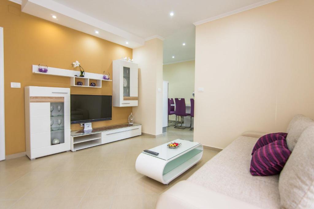 a living room with a couch and a tv at Apartment Songbird in Biograd na Moru