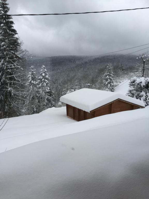 un banco cubierto de nieve en la cima de una montaña en chalet "le Refuge du Brabant", en Cornimont