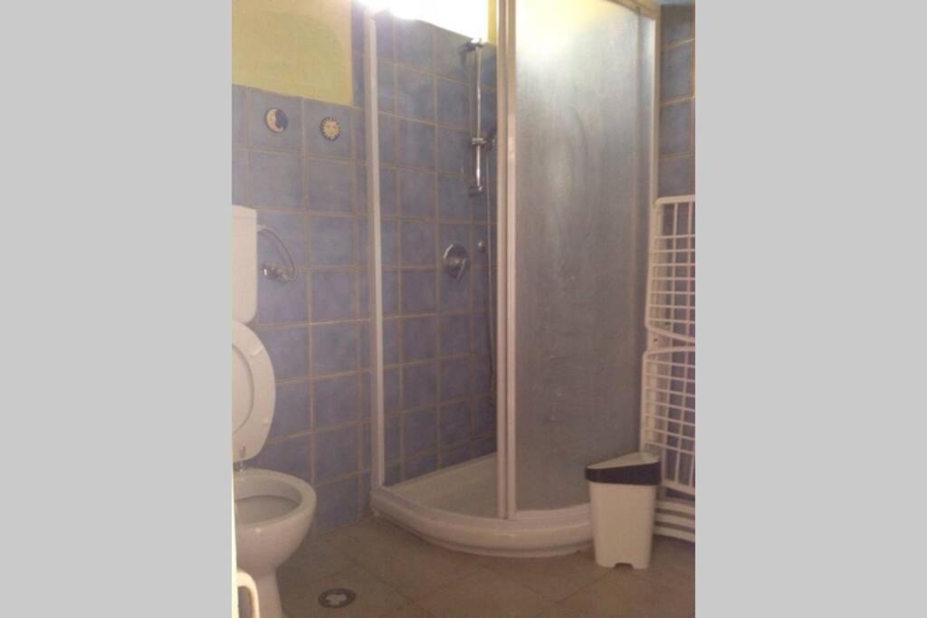 uma casa de banho com um chuveiro e um WC. em La Casina del Vicolo em Marina di Campo