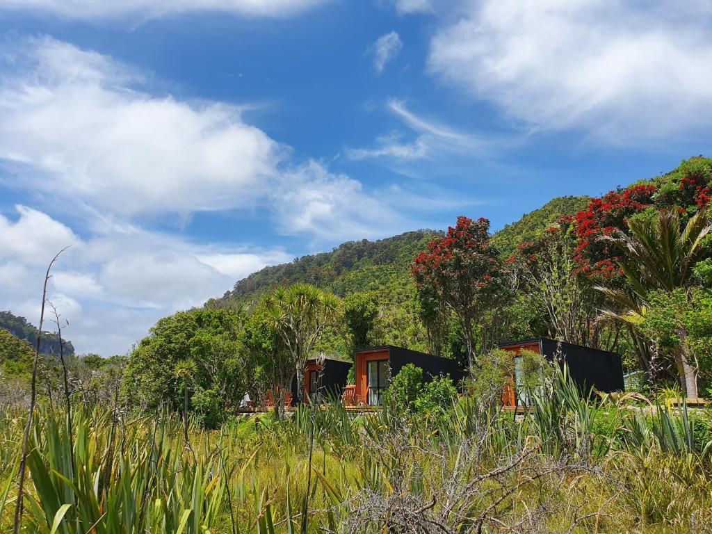 ein Haus auf einem Feld mit einem Berg im Hintergrund in der Unterkunft Punakaiki Beach Camp in Punakaiki