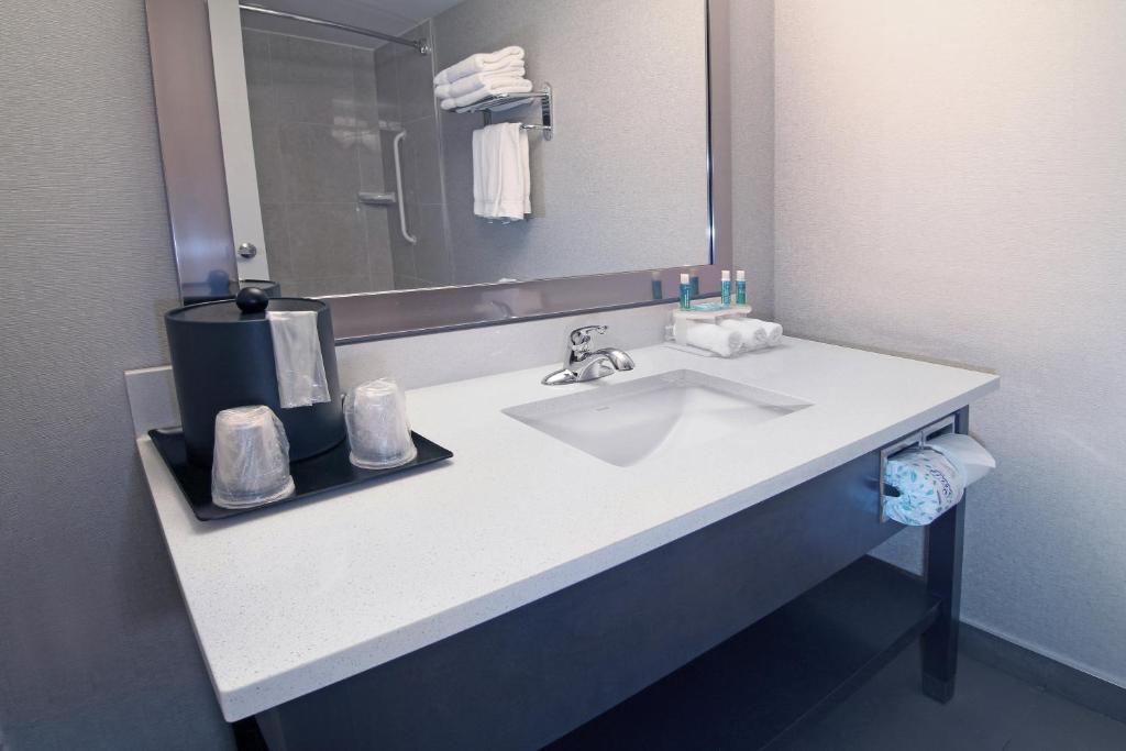 a bathroom with a white sink and a mirror at Holiday Inn Express and Suites Calgary by IHG in Calgary