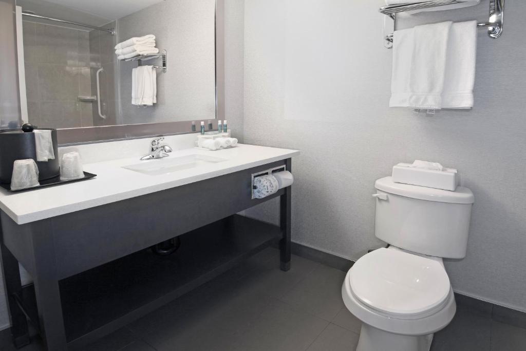 a bathroom with a white toilet and a sink at Holiday Inn Express and Suites Calgary by IHG in Calgary