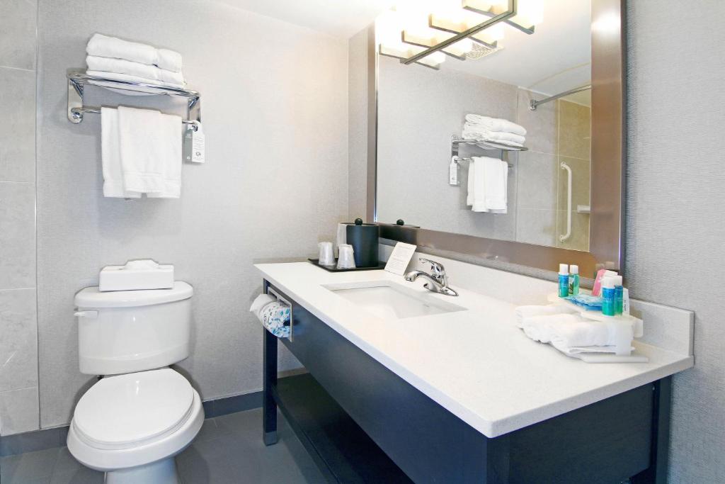 a bathroom with a sink and a toilet and a mirror at Holiday Inn Express and Suites Calgary by IHG in Calgary