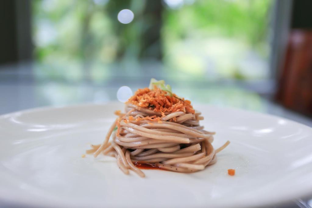 a pile of spaghetti sitting on a white plate at Fairy Story Village Farm B&amp;B in Dongshan