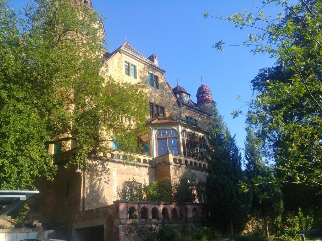 een oud gebouw met bomen ervoor bij Appartment Sonneck in Freiburg im Breisgau