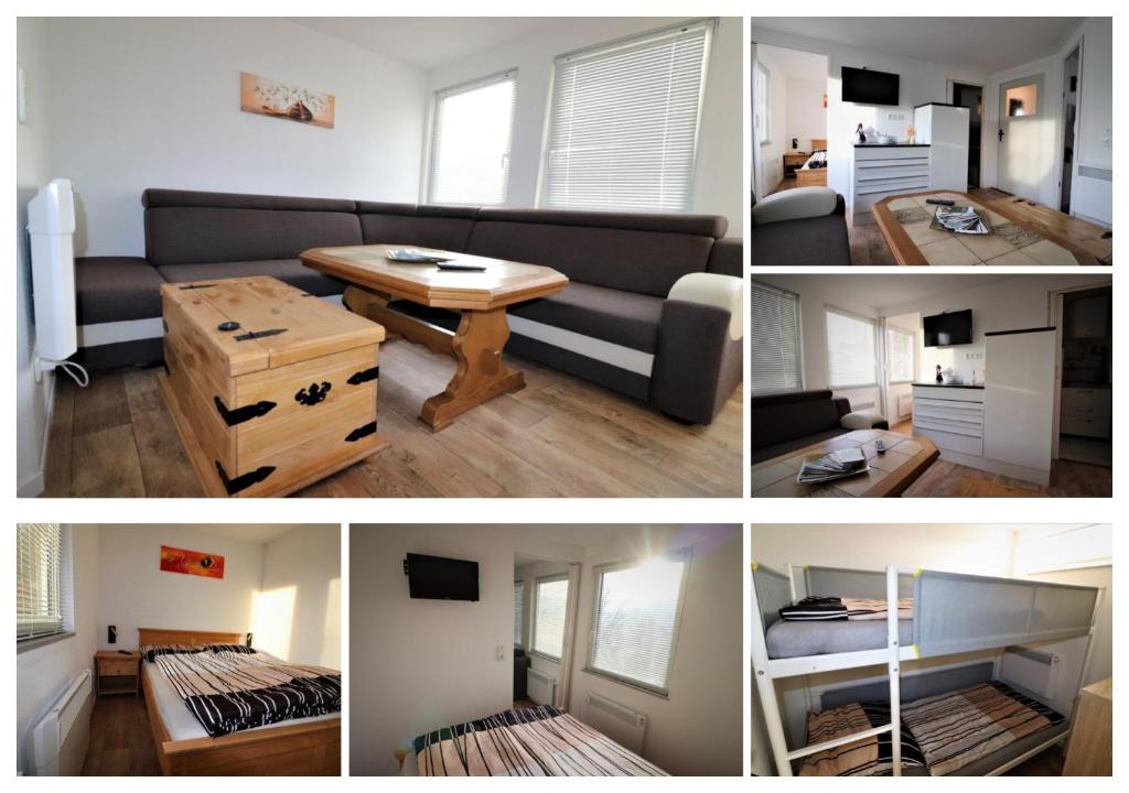 eine Collage mit vier Bildern eines Wohnzimmers in der Unterkunft Monteurwohnung - Berghütte - KEK3 - keine Touristen in Bad Blankenburg