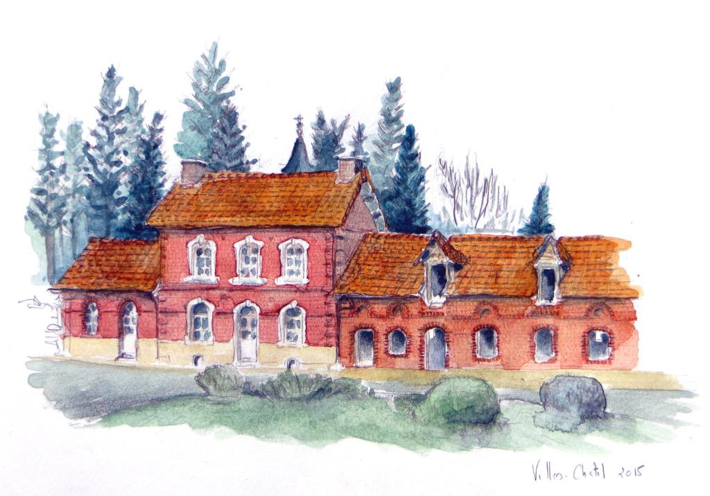 une peinture aquarelle d'une maison rouge dans l'établissement Florimont - Vaste gîte à la ferme, à Villers-Châtel