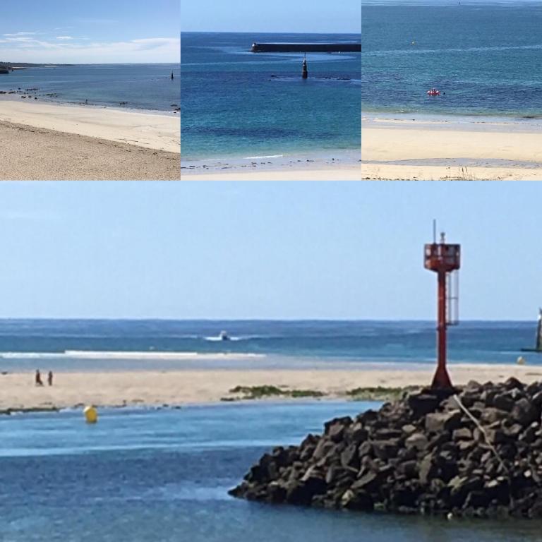 un collage de quatre photos d'une plage avec un phare dans l'établissement Appart du bord de Mer, à Audierne