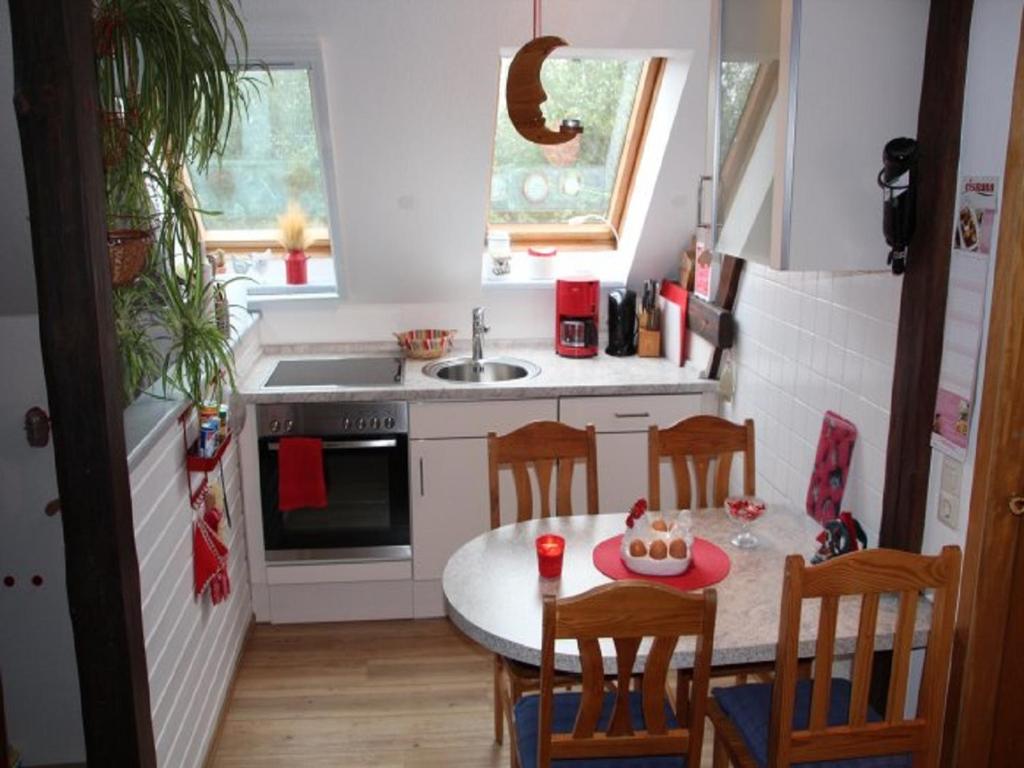 a kitchen with a table and chairs and a sink at Lindenhof in Ahneby