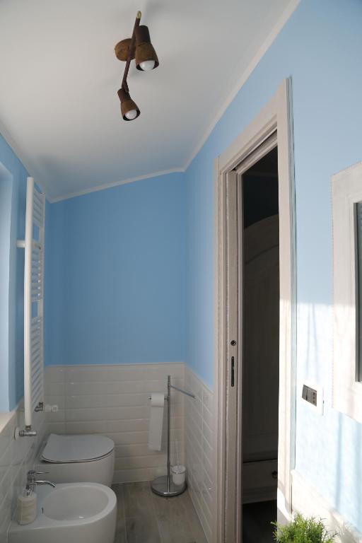 Łazienka z białą toaletą i niebieską ścianą w obiekcie B&B Greenmind w mieście San Dorligo della Valle