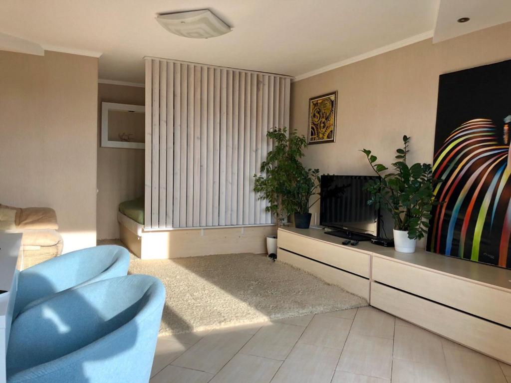 ein Wohnzimmer mit einem Sofa und einem TV in der Unterkunft Cozy and comfortable apartment in Tscherkassy
