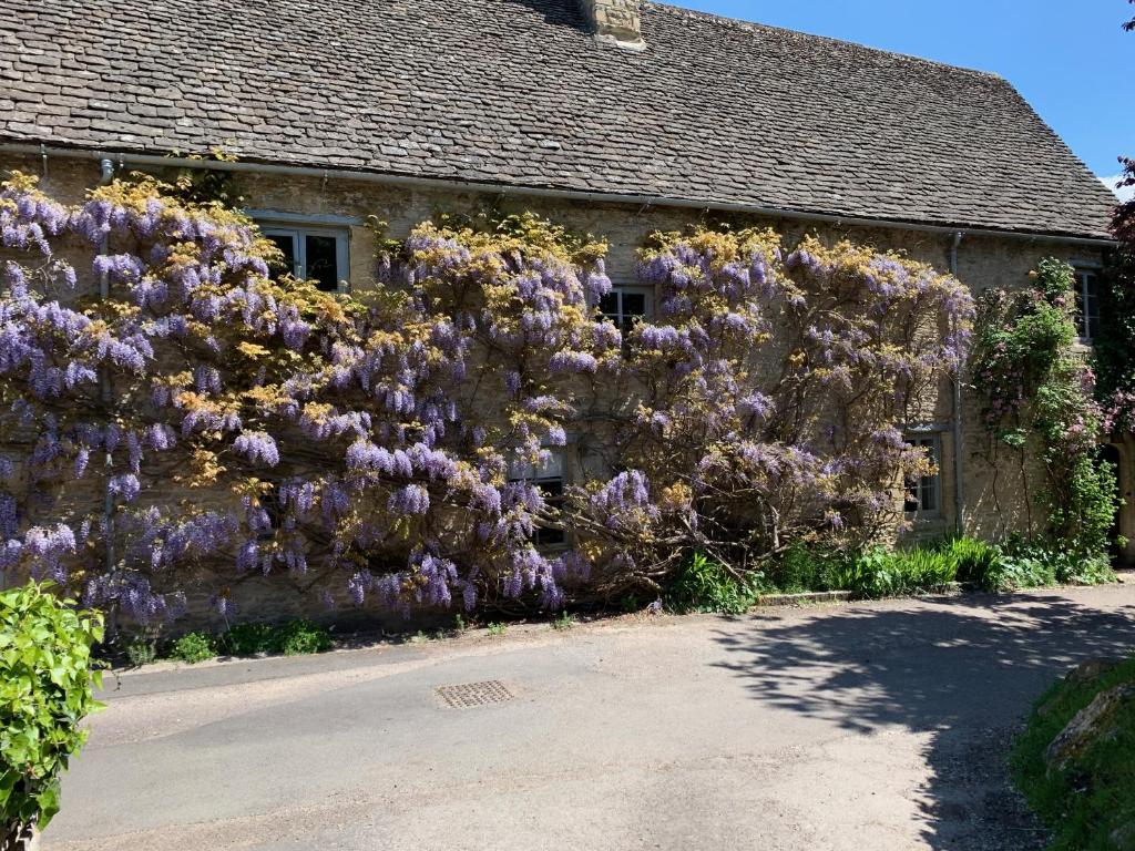 a bush of purple flowers on the side of a house at Pytts House Boutique Bed & Breakfast in Burford