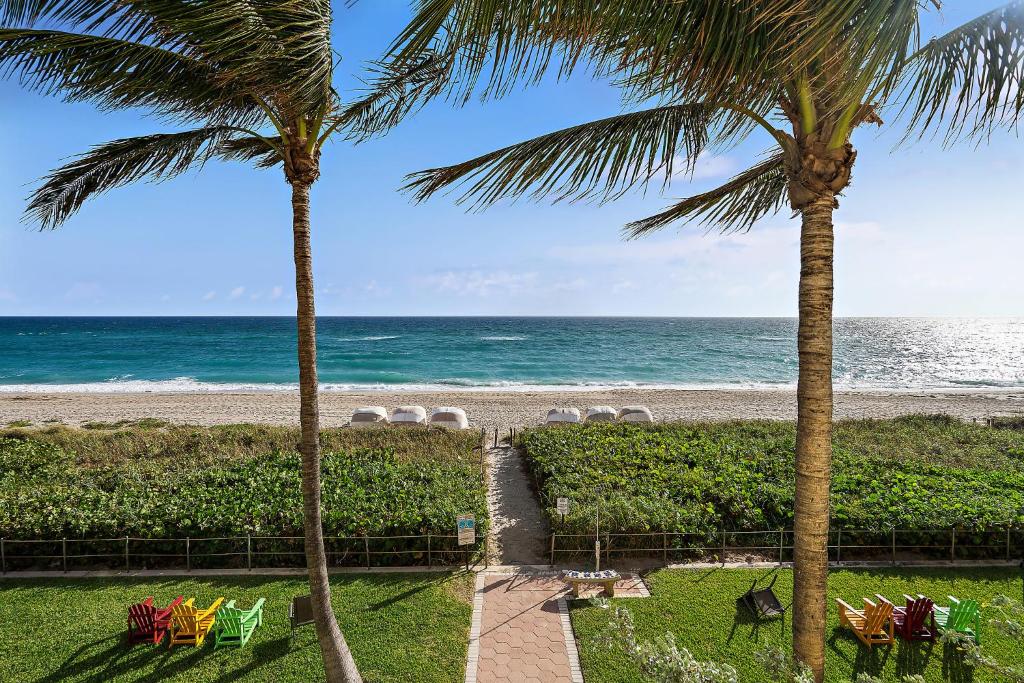 a view of the beach from a resort with palm trees at The Ambassador Hotel in Palm Beach