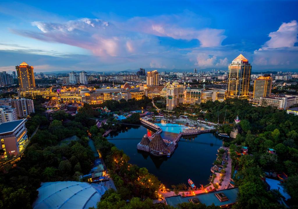 an aerial view of a city at night at Sunway Pyramid Hotel in Kuala Lumpur
