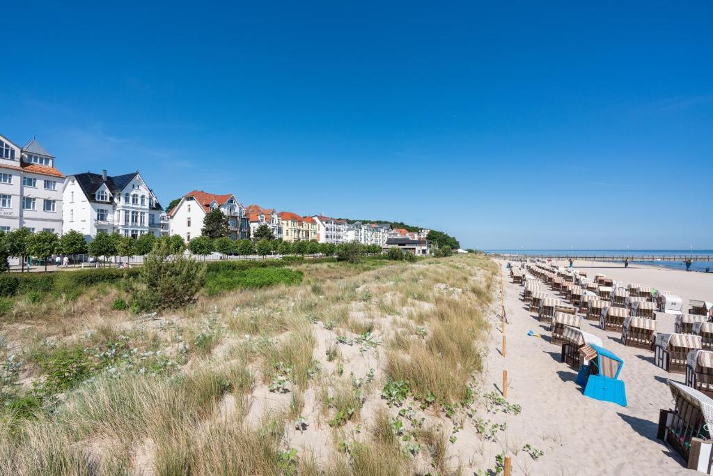 Eine Reihe von Bänken an einem Strand neben dem Meer in der Unterkunft Strandhotel Möwe in Bansin