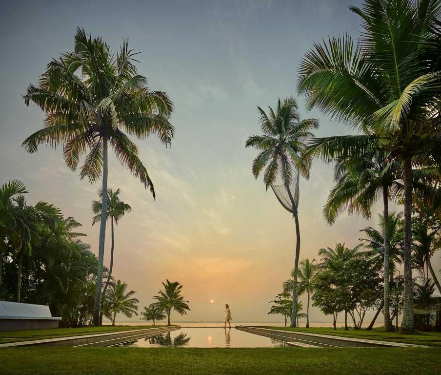 a person walking through a park with palm trees at amã Stays & Trails, Pathiramanal Villa in Alleppey