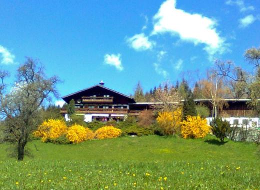 a building in the middle of a field with flowers at Biohof Schwanser in Steinbach am Attersee