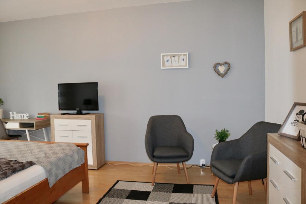 ペーチにあるSzabadság Apartman Pécsのベッドルーム1室(椅子2脚、テレビ、ベッド1台付)