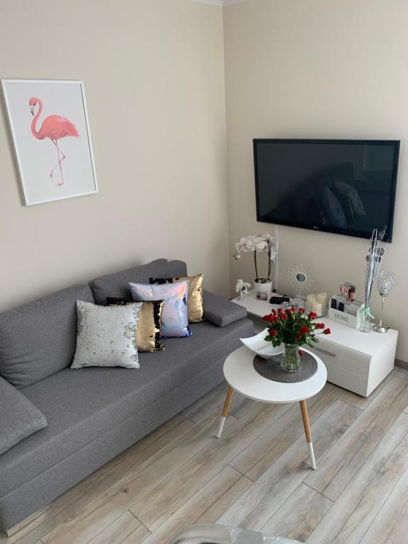 a living room with a gray couch and a table at Apartament Walczaka 11 MIEJSCE PARKINGOWE in Gorzów Wielkopolski