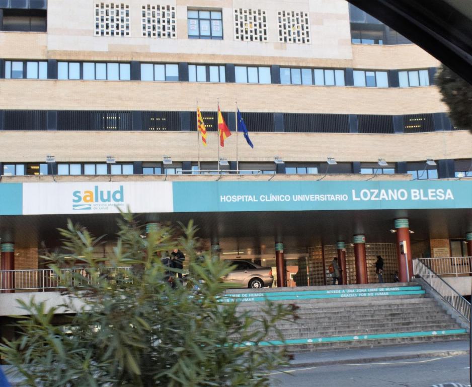 ein Gebäude mit Flaggen davor in der Unterkunft Piso junto universidad y Hospital Clínico in Saragossa