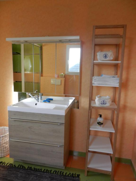 a bathroom with a sink and a mirror at VILLA THEDIEBERT in Barneville-Carteret