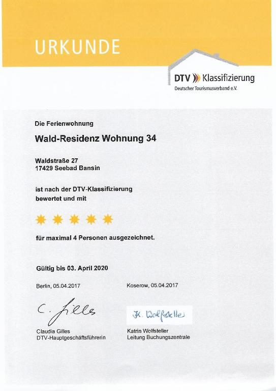 Certifikát, hodnocení, plakát nebo jiný dokument vystavený v ubytování Apartments Wald-Residenz Bansin