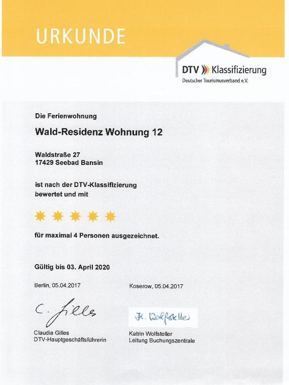 Certifikát, hodnocení, plakát nebo jiný dokument vystavený v ubytování Apartments Wald-Residenz Bansin
