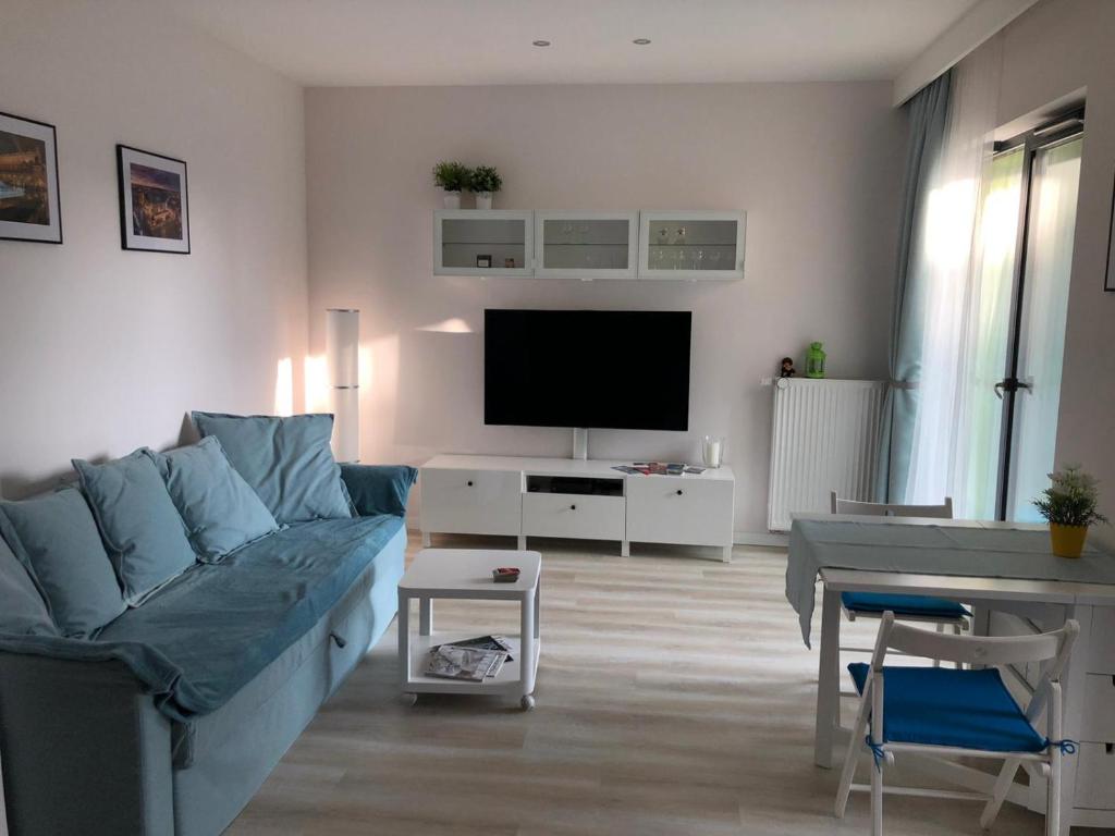 ein Wohnzimmer mit einem blauen Sofa und einem TV in der Unterkunft Bronowice in Krakau