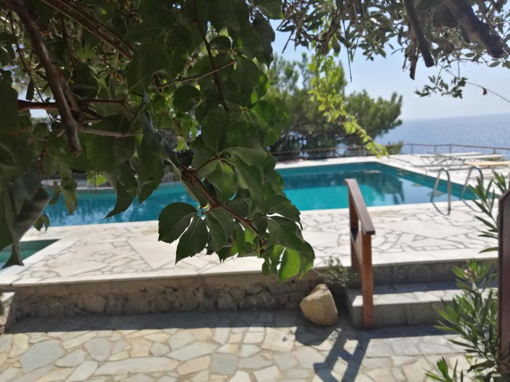 Agia FotiaにあるFerma Solaris Apartmentsの海の景色を望むプール