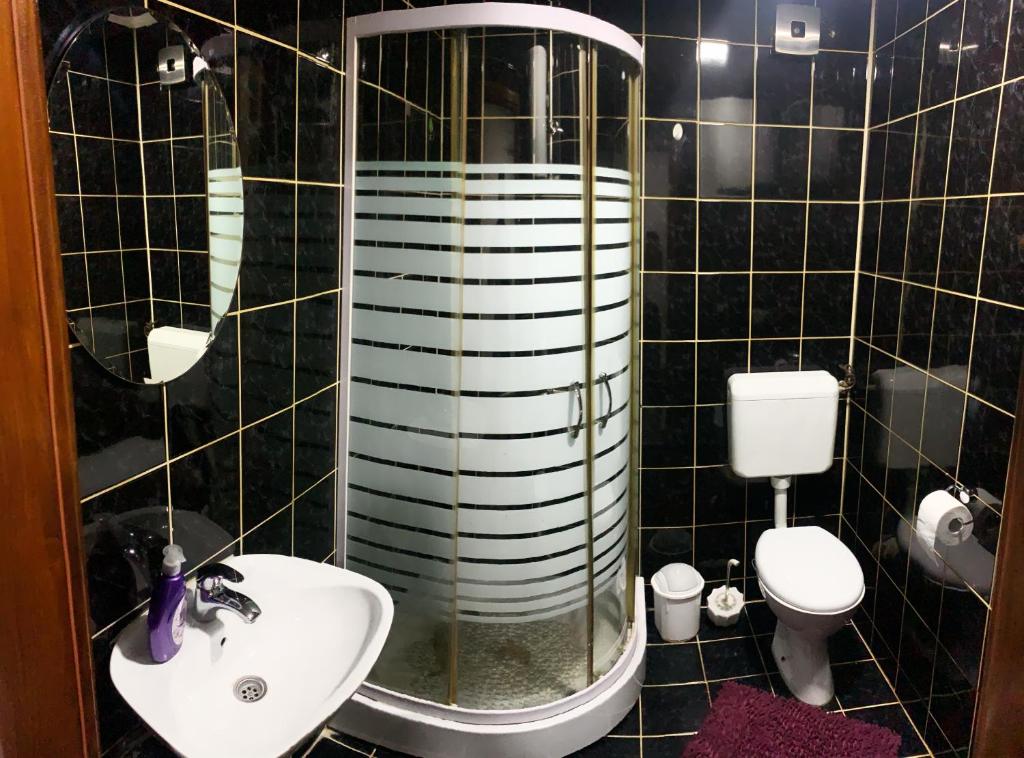 y baño con lavabo, ducha y aseo. en Modern Apartment, en Brčko