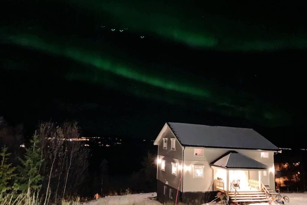 una cabaña bajo la aurora boreal por la noche en Best of Lyngen panorama apartment en Lyngseidet