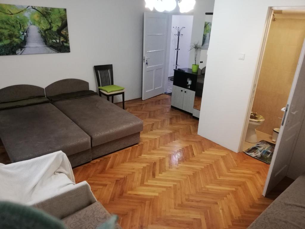 sala de estar con sofá y suelo de madera en Örökzöld Apartman Szeged, en Szeged