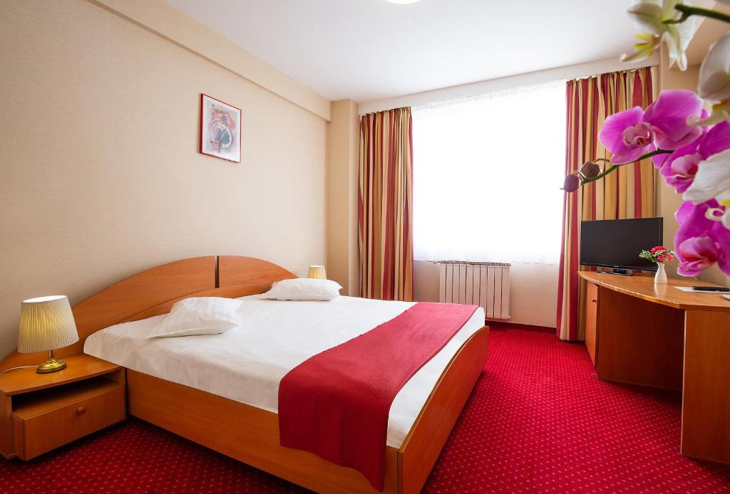 a hotel room with a bed and a window at Hotel Dana in Satu Mare